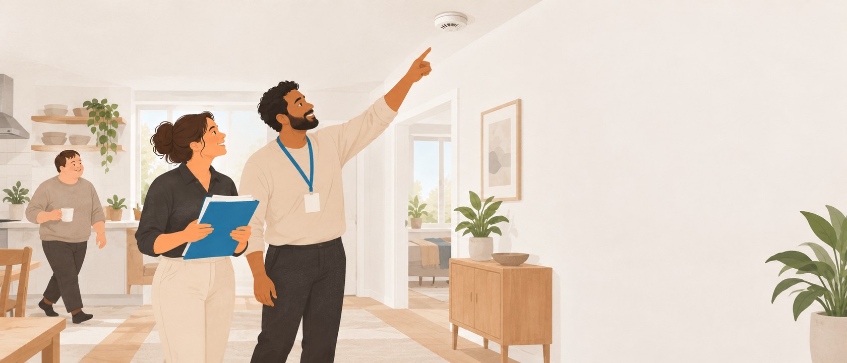 A team leader and a support worker on a routine safety walk-through of a home, one pointing up at a smoke alarm, the other holding the safety plan