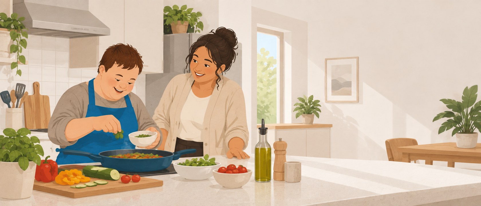 A man cooking a meal in his own kitchen while a support worker stands a pace back, ready but not directing