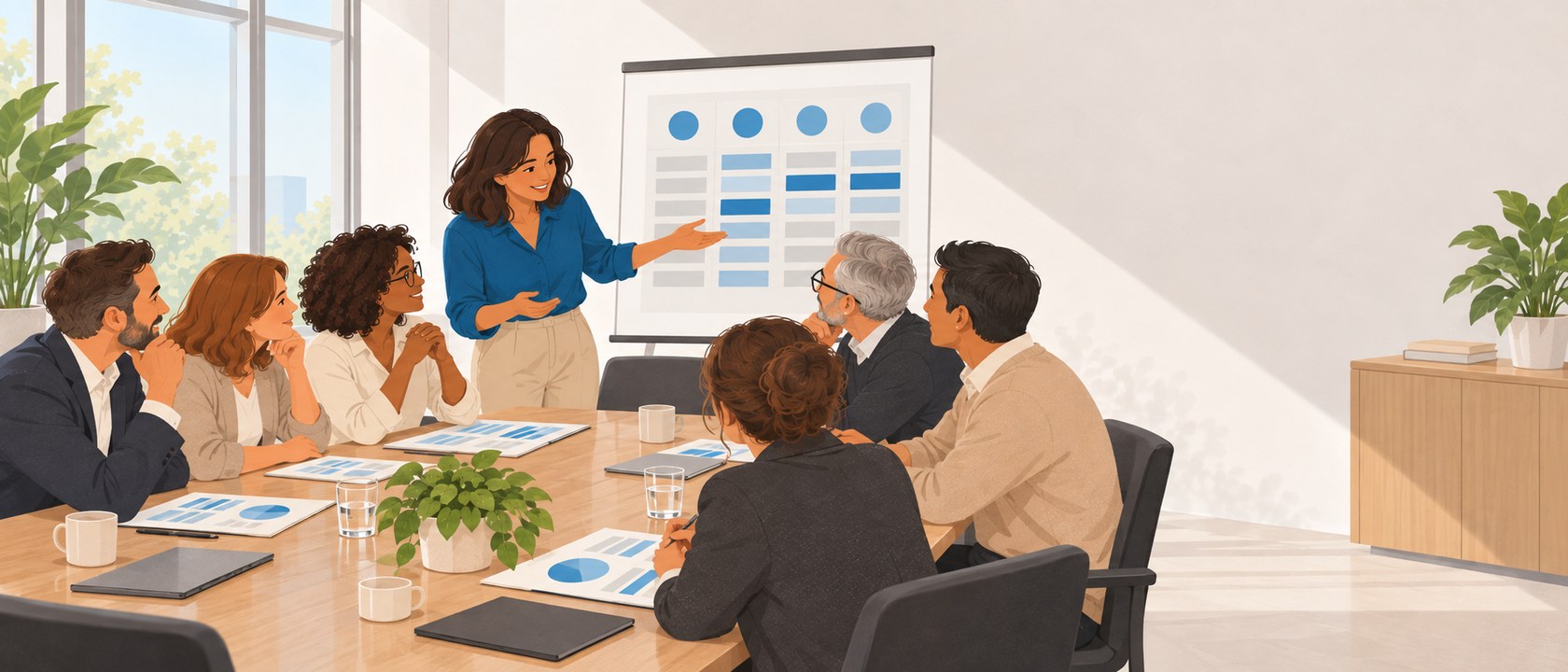 Leaders from several providers comparing how each of them runs the same part of their service, with a facilitator drawing the comparison out at a board
