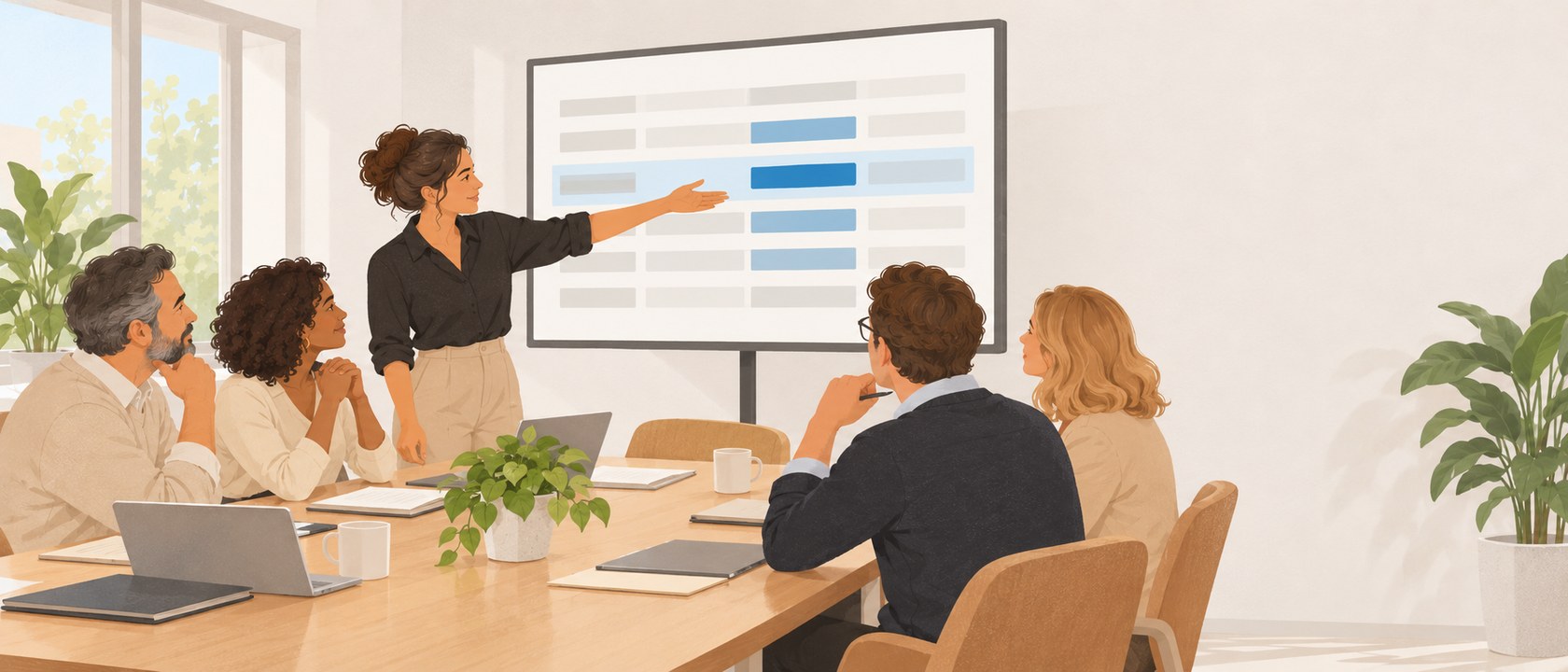 A leadership team in an unhurried risk review, one member presenting a risk register on screen while colleagues listen