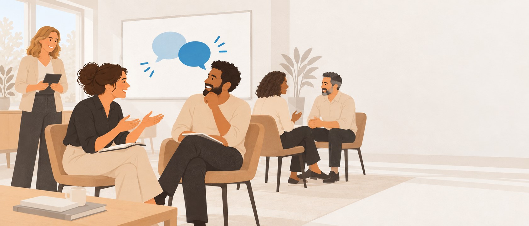 Support workers practising a conversation in pairs at a workshop, one pair laughing, the facilitator listening from the side